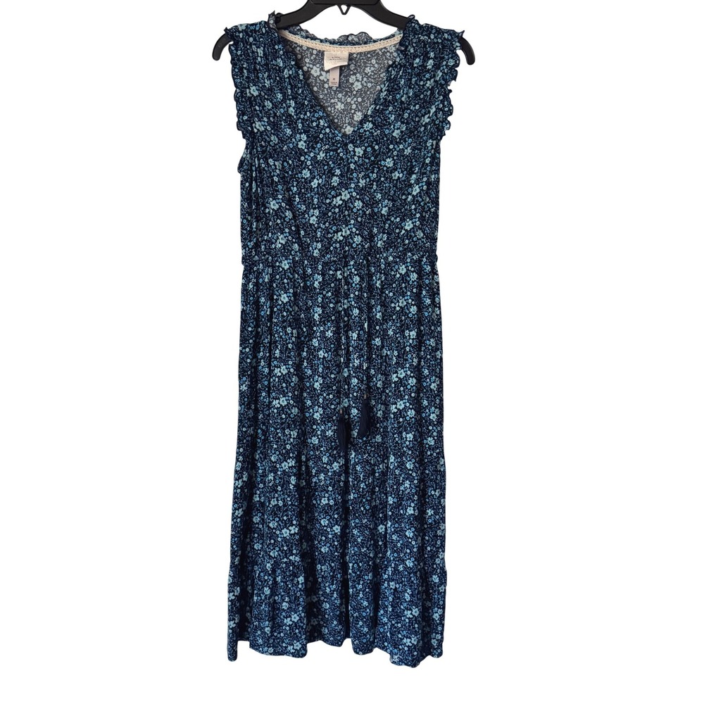 Knox Rose Floral Midi Dress Women Medium Blue Boho Ruffle Tassel Sleeveless